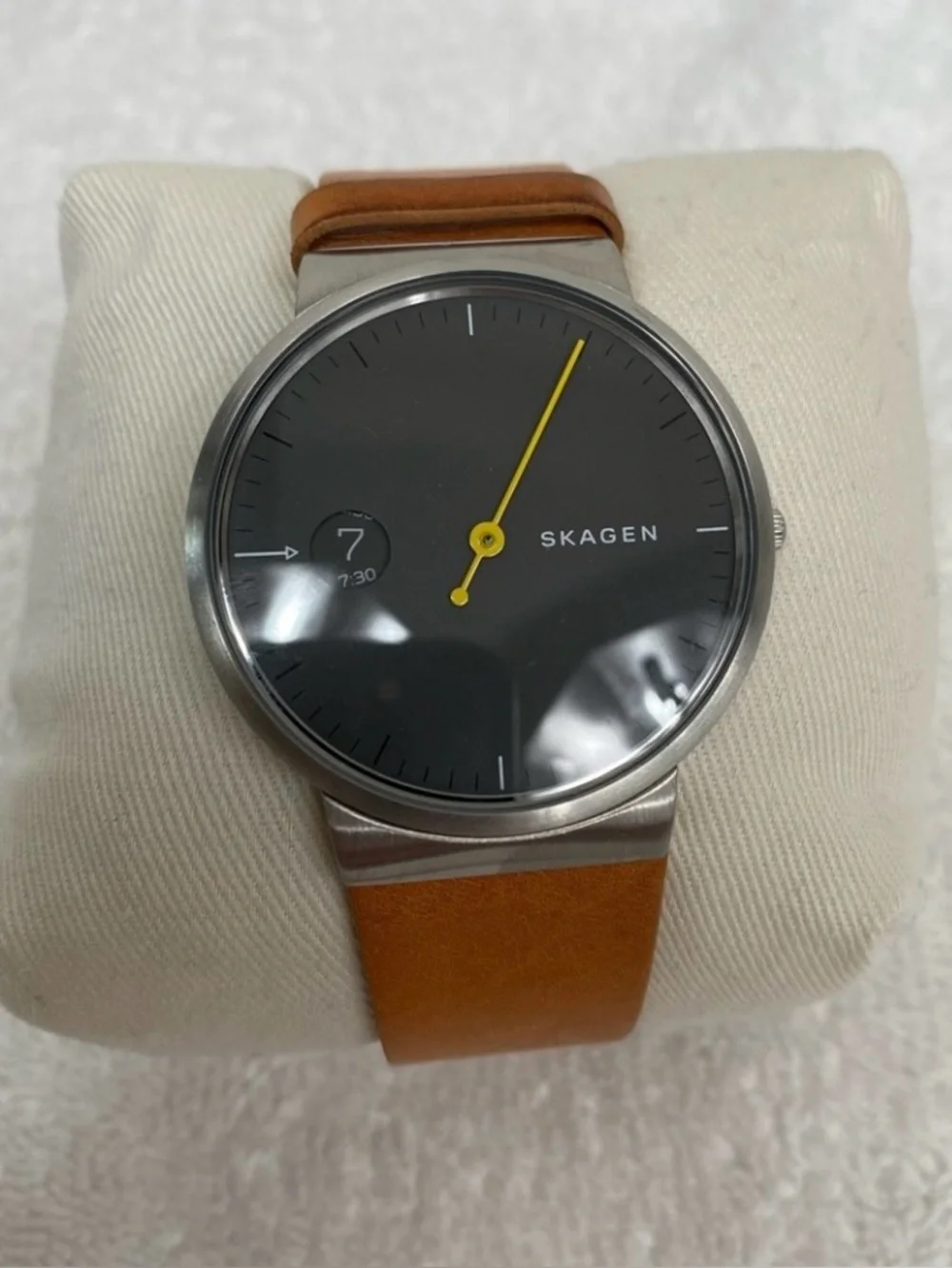 Skagen Men's Cognac Leather Ancher Gray Stainless Steel Adjustable Watch Classic